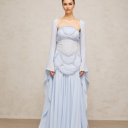 Gaelle light blue pleated maxi dress with faux pearl embellishments