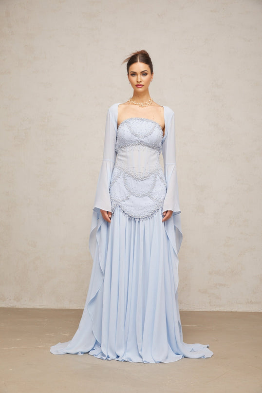 Gaelle light blue pleated maxi dress with faux pearl embellishments