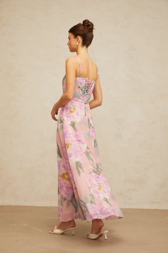 Gaelle long pink dress with floral pattern and draped design