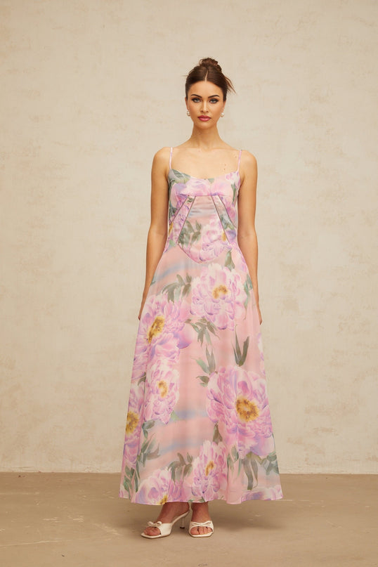 Gaelle long pink dress with floral print and draped design