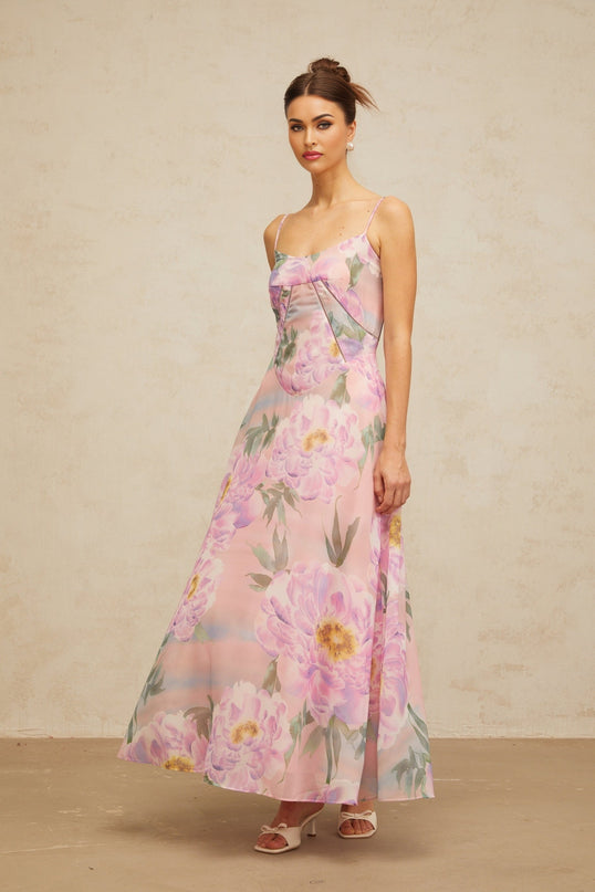 Gaelle long pink dress with floral print and draped design
