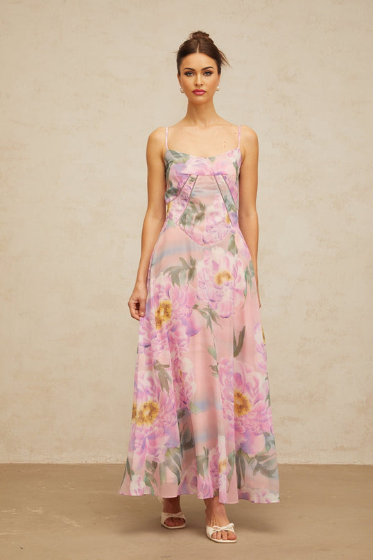 Gaelle long pink dress with floral print and draped design