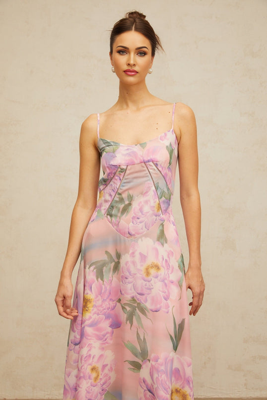 Gaelle long pink dress with floral print and draped design