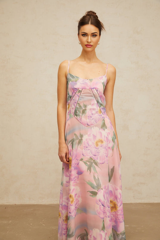 Gaelle long pink dress with floral print and draped design