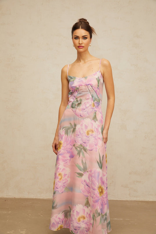 Gaelle long pink dress with floral print and draped design