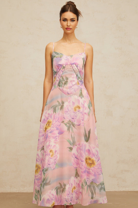 Gaelle pink maxi dress with floral print and draped design