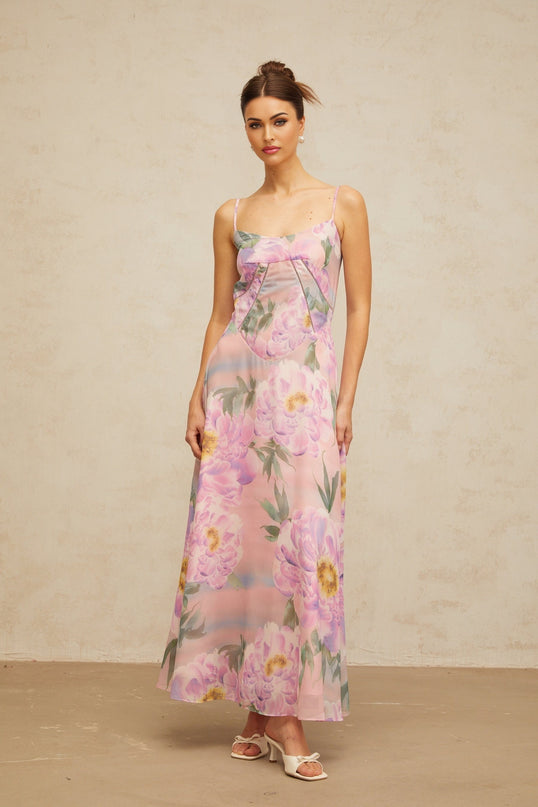 Gaelle pink maxi dress with floral print and draped design