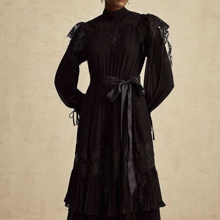 Gaetana Black Guipure Lace Midi Dress with Ruffled Trim