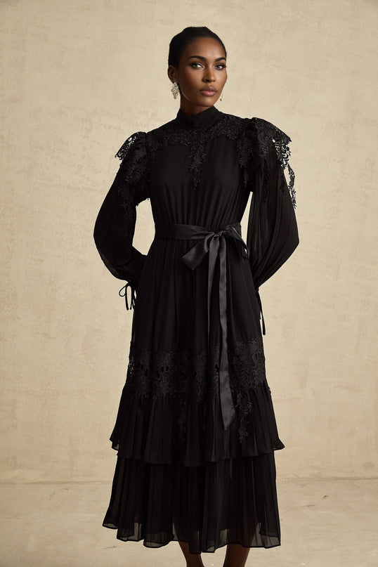 Gaetana Black Guipure Lace Midi Dress with Ruffled Trim