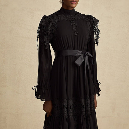 Gaetana Black Guipure Lace Midi Dress with Ruffled Trim Pleated Tiered Design and Belted Waist in 100% Polyester for Women