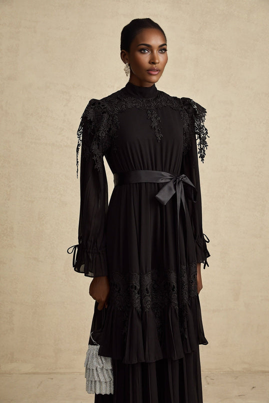 Gaetana Black Guipure Lace Midi Dress with Ruffled Trim Pleated Tiered Design and Belted Waist in 100% Polyester for Women