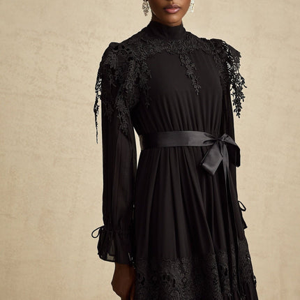 Gaetana Black Guipure Lace Midi Dress with Ruffled Trim