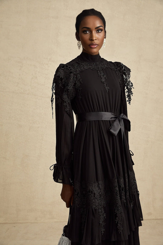 Gaetana Black Guipure Lace Midi Dress with Ruffled Trim