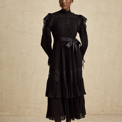 Gaetana Black Guipure Lace Midi Dress with Ruffled Trim and Belted Waist