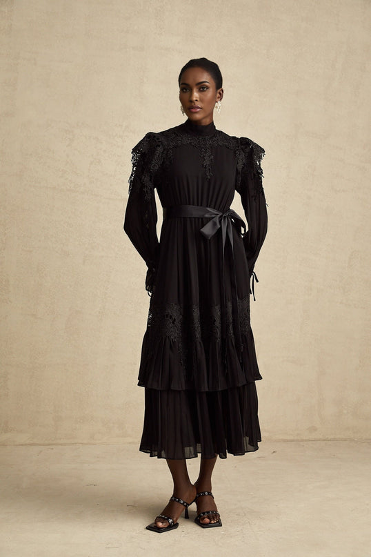 Gaetana Black Guipure Lace Midi Dress with Ruffled Trim and Belted Waist
