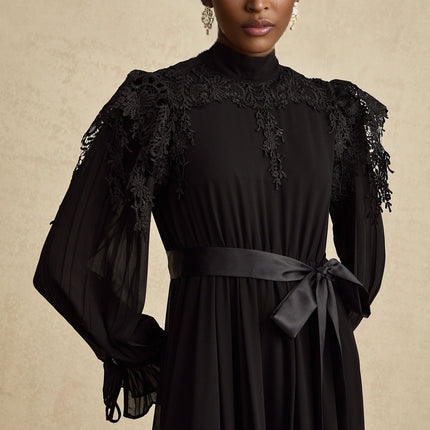 Gaetana Black Guipure Lace Ruffled Midi Dress