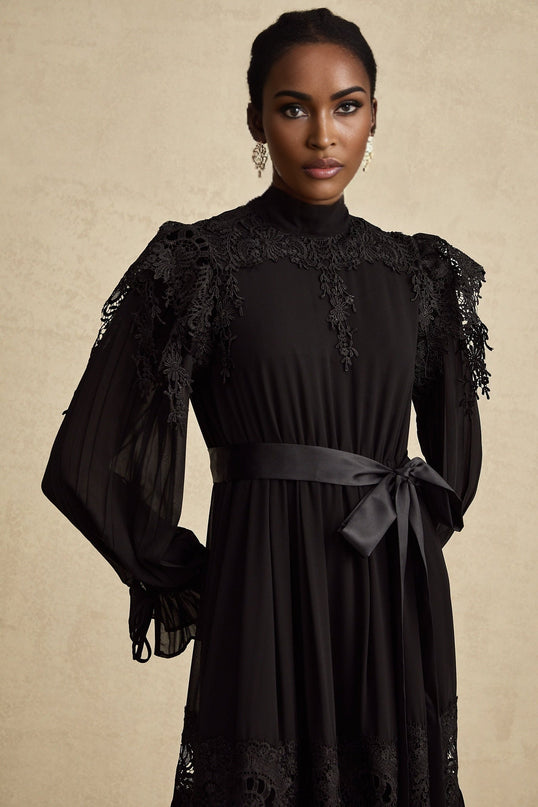 Gaetana Black Guipure Lace Ruffled Midi Dress