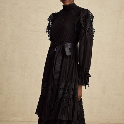 Gaetana Black Lace Midi Dress with Ruffled Trim and Belted Waist