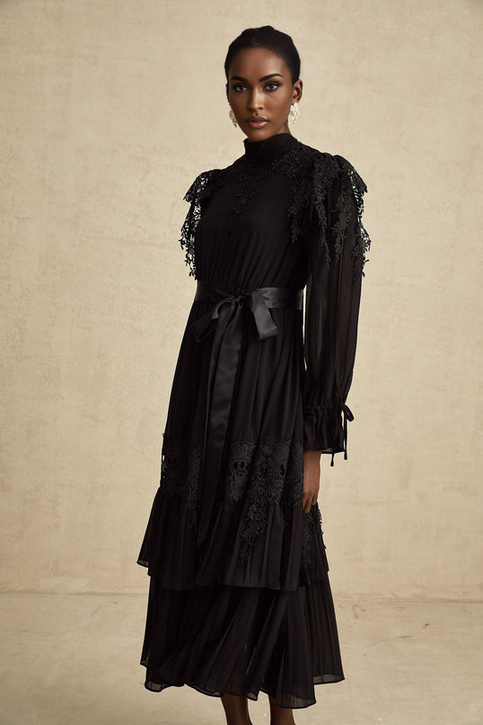 Gaetana Black Lace Midi Dress with Ruffled Trim and Belted Waist