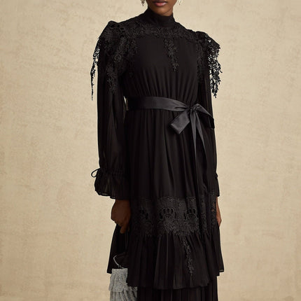 Gaetana Black Lace Midi Dress with Ruffled Trim and Belted Waist