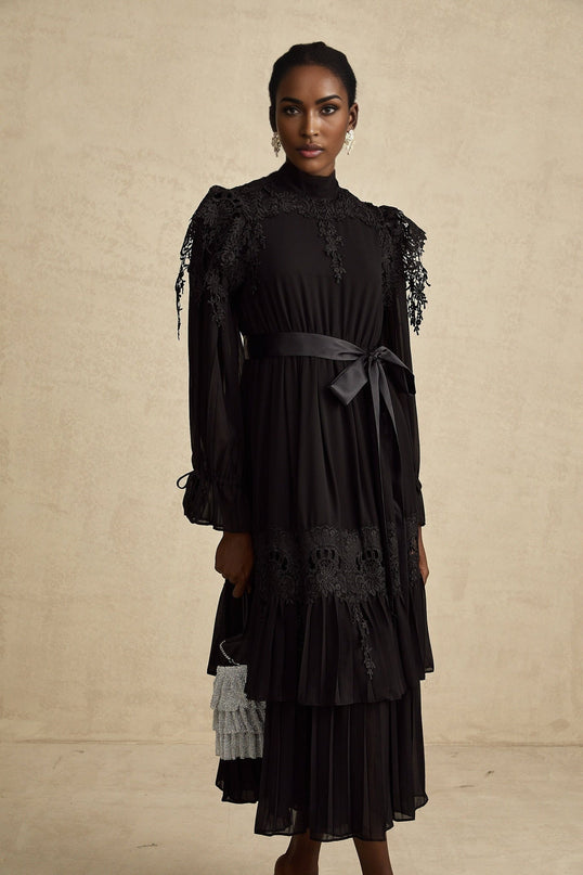 Gaetana Black Lace Midi Dress with Ruffled Trim and Belted Waist