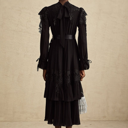 Gaetana Black Lace Ruffle Midi Dress
