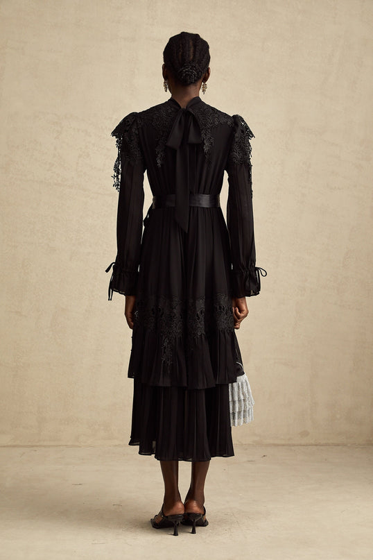 Gaetana Black Lace Ruffle Midi Dress