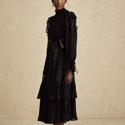 Gaetana Black Lace Ruffle Midi Dress