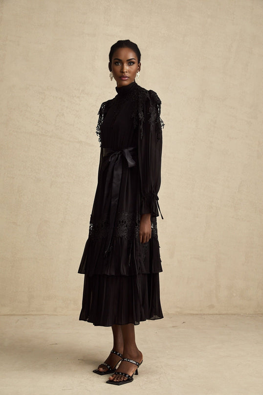 Gaetana Black Lace Ruffle Midi Dress
