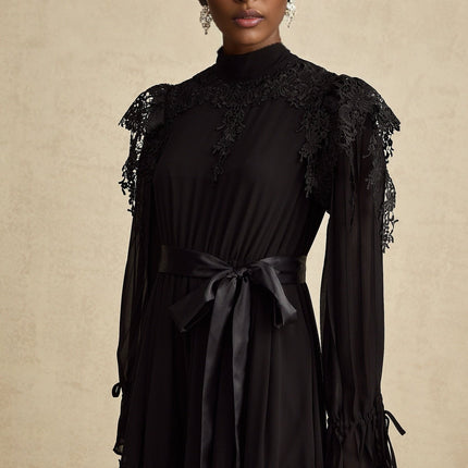 Gaetana Black Lace Ruffle Midi Dress