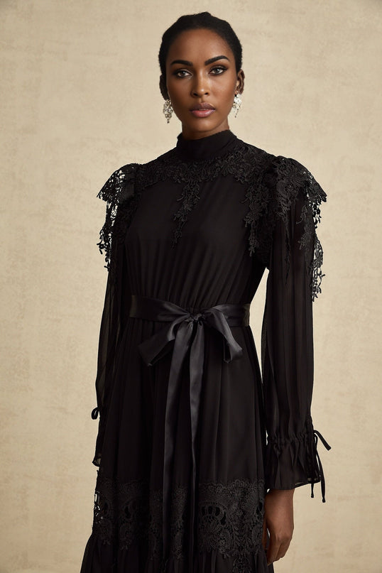 Gaetana Black Lace Ruffle Midi Dress