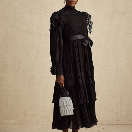 Gaetana Black Lace Ruffle Midi Dress