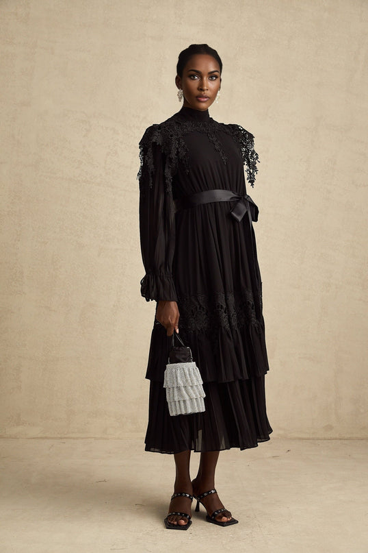 Gaetana Black Lace Ruffle Midi Dress