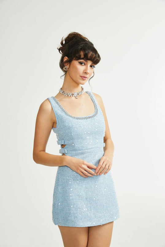 Gaetana Light Blue Sequin Bow Mini Dress Embellished