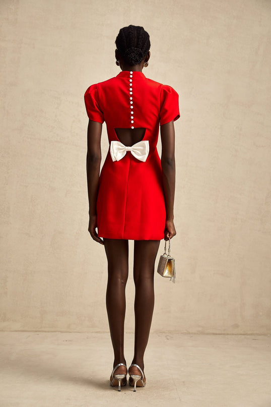 Gaia Red Mini Dress with Bow Detailing and Cut-Out Back in Terylene Fabric
