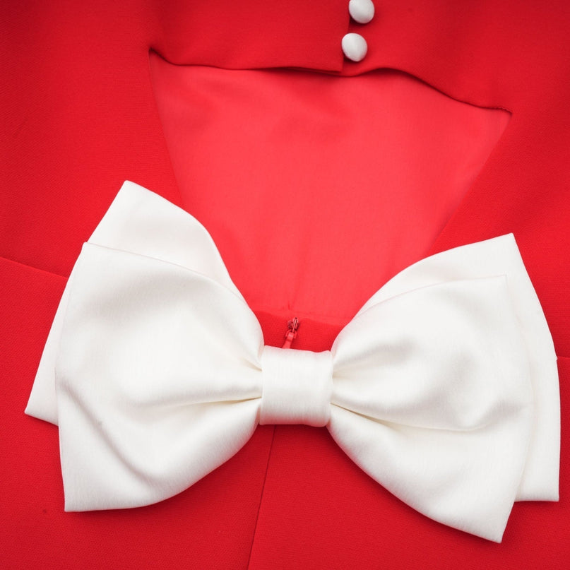 Gaia Red Mini Dress with Bow Detailing and Cut-Out Back in Terylene Fabric