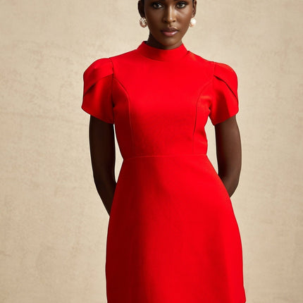 Gaia Red Mini Dress crew neck short petal sleeves bow detailing cut-out back button fastening thigh length Terylene soirée sophisticated event timeless choice sophistication style