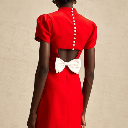 Gaia Red Mini Dress with Bow Detailing and Cut-Out Back in 100% Terylene