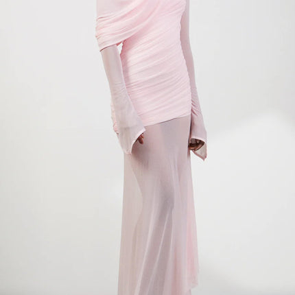Garance Pink Asymmetrical Ruched Mesh Maxi Dress
