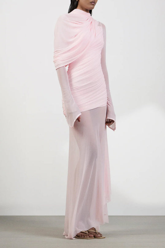 Garance Pink Asymmetrical Ruched Mesh Maxi Dress