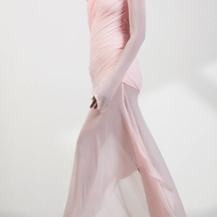 Garance Pink Asymmetrical Ruched Mesh Maxi Dress