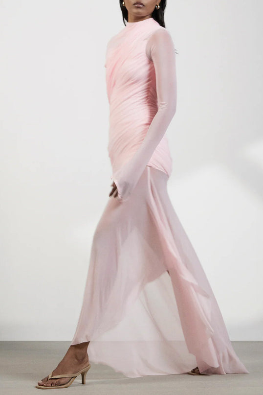Garance Pink Asymmetrical Ruched Mesh Maxi Dress