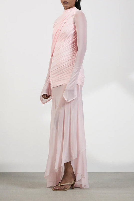 Garance Pink Asymmetrical Ruched Mesh Maxi Dress