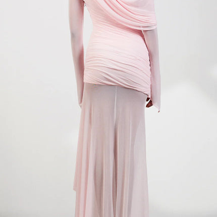 Garance Pink Asymmetrical Ruched Mesh Maxi Dress