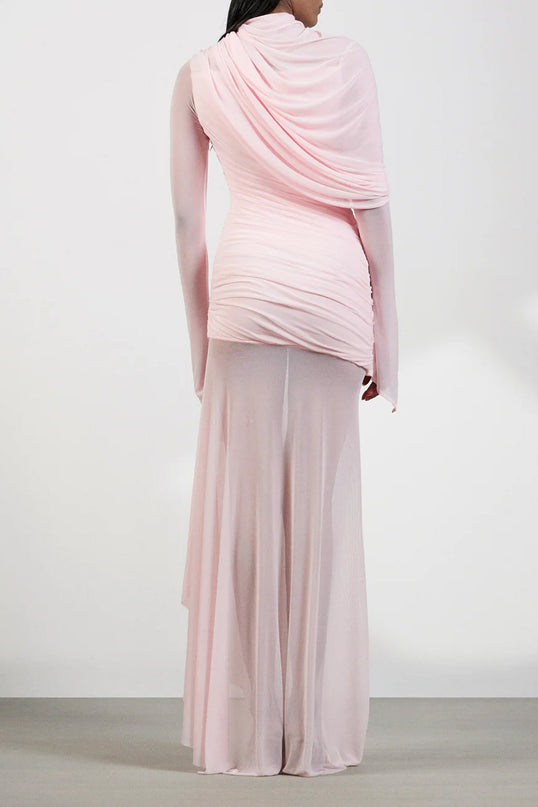 Garance Pink Asymmetrical Ruched Mesh Maxi Dress
