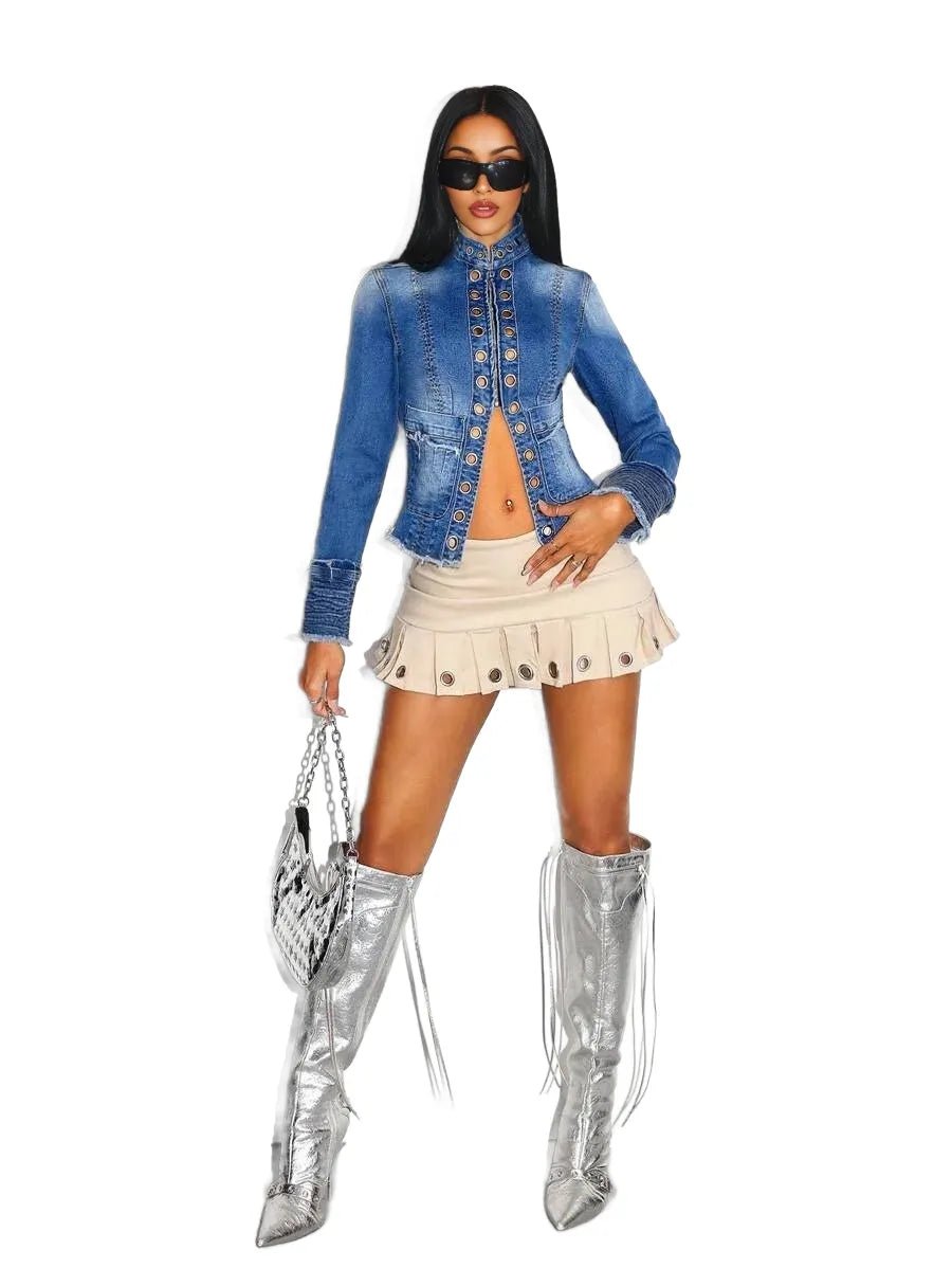 Gelsomina Cropped Denim Jacket with Chic Button Detail in Blue - XS