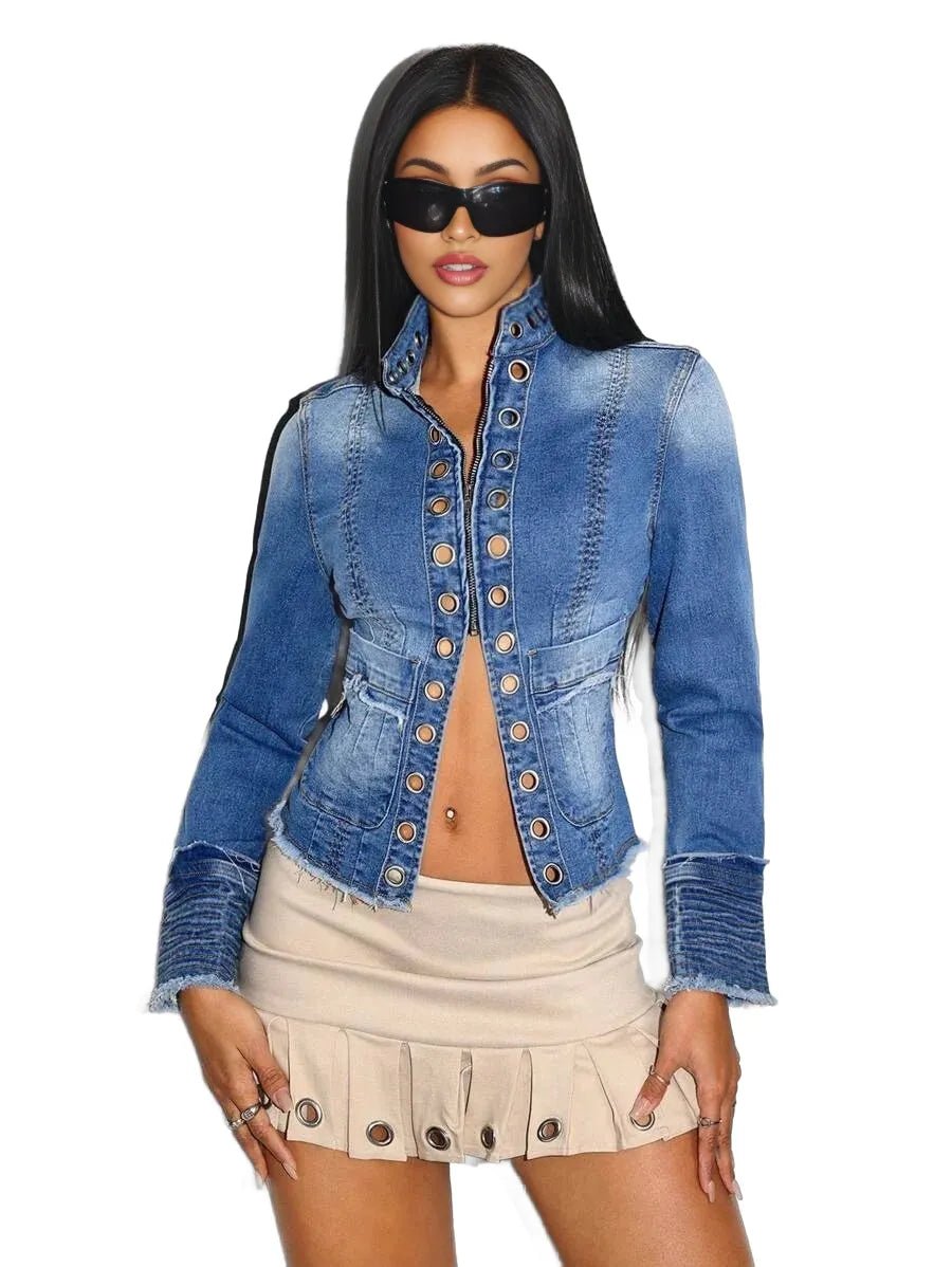 Gelsomina Cropped Denim Jacket with Chic Button Detail in Blue - XS