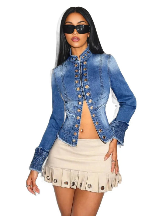 Gelsomina Cropped Denim Jacket with Chic Button Detail in Blue - XS