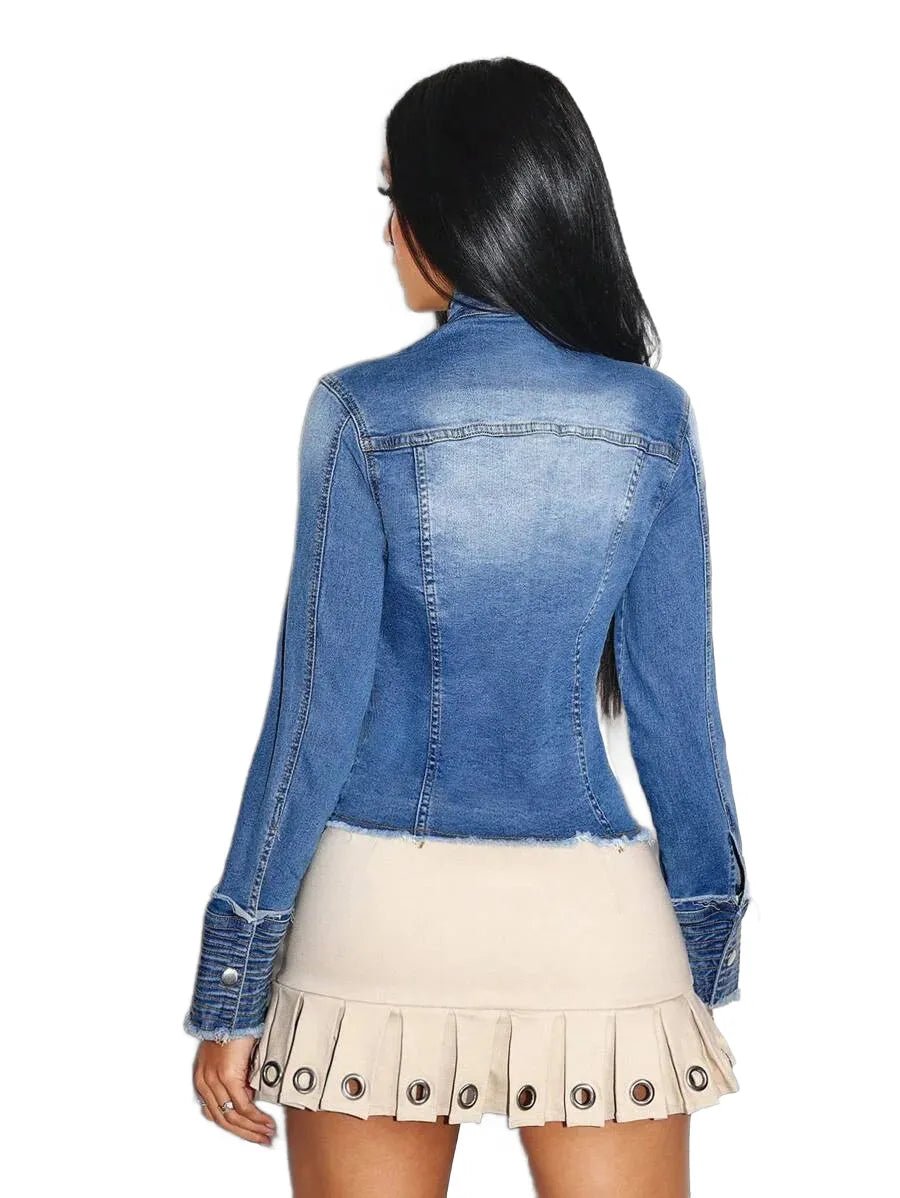 Gelsomina Cropped Denim Jacket with Chic Button Detail in Blue - XS