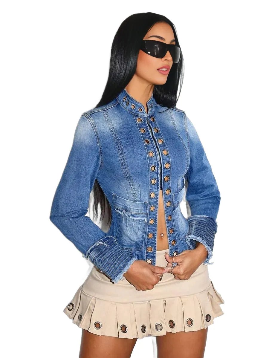 Gelsomina Cropped Denim Jacket with Chic Button Detail in Blue - XS